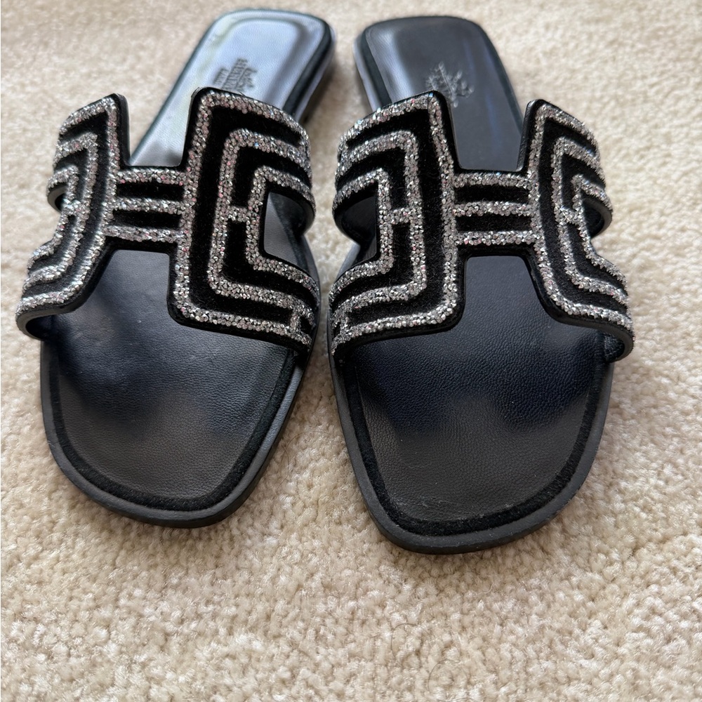 Hermes Black Sandals with Silver Accents